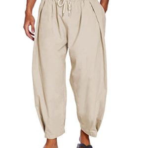 Men's Cotton Linen Harem Pants Drawstring Casual Cropped Trousers Lightweight Loose Beach Yoga Pants with Pockets