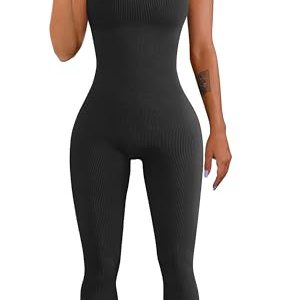 Women Workout Seamless Jumpsuit Yoga Ribbed Bodycon One Piece Tank Top Leggings Romper