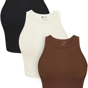 Womens 3 Pack Crop Tank Tops Basic Seamless Ribbed Round High Neck Racerback Workout Top Summer Causal Yoga Gym Shirts