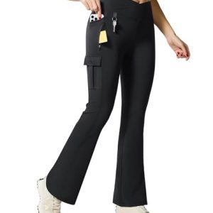 Flare Leggings for Women Yoga Crossover High Waist Pants with Tummy Control Workout Cargo with 5 Pockets Bootcut Leggings