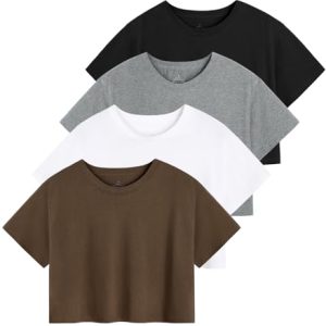 4-Pack Women's Cotton Crop T-Shirts Short Sleeve Solid Cropped Athletic Top Round Neck Casual Workout Yoga Tees