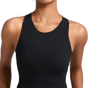 Sports Bras for Women High Impact Seamless Ribbed Longline High Neck Workout Crop Tank Tops Padded