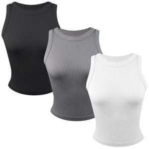 41QesyBgtaL.jpg 3 Pack Stretch Tank Tops for Women, Ribbed Crew Neck Womens Workout Yoga Tops (Available in Plus)