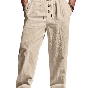 Men's Linen Pants Summer Beach Lightweight Drawstring Yoga Trousers with Pockets