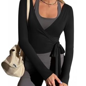 Womens Wrap Tie Tops Y2k Long Sleeve Ballet Pilates Yoga Workout Wrap Shirts Deep V Neck Casual Tops