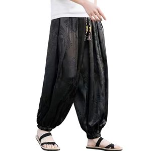 Mens Womens Chinese Vintage Dragon Jacquard Lantern Pants Wide Leg Baggy Joggers Pants Kung Fu Hanfu Yoga Pants